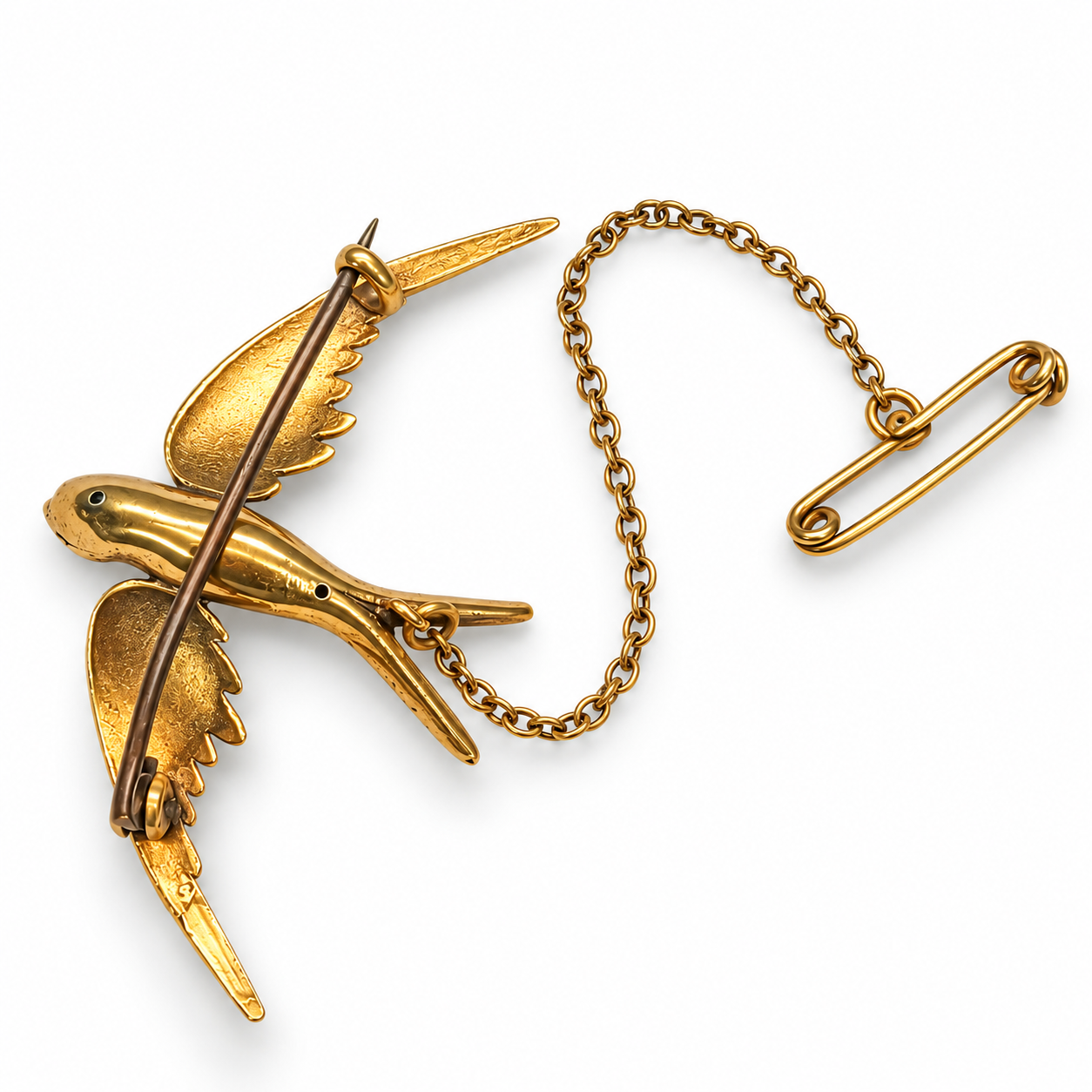 Antique 15ct Gold Swallow Brooch with Safety Chain - Image 2
