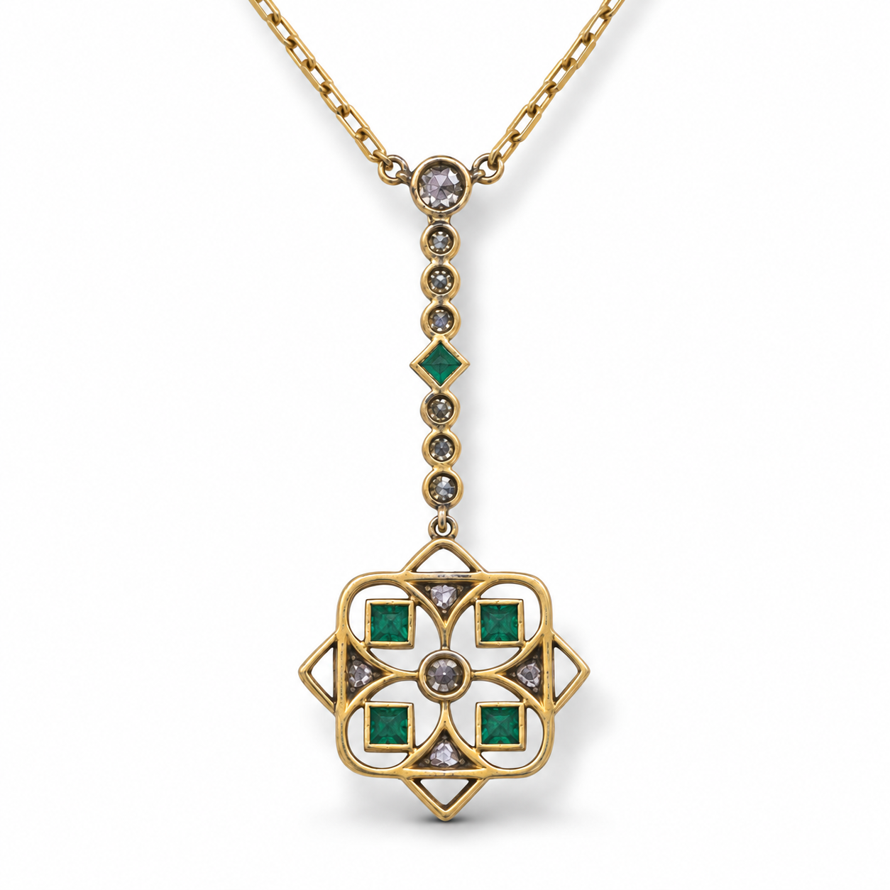 Edwardian 18ct plat emerald diamond pendant back