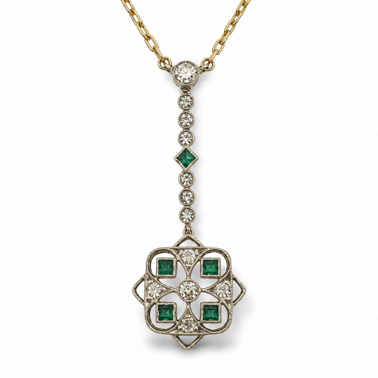 Edwardian 18ct plat emerald diamond pendant