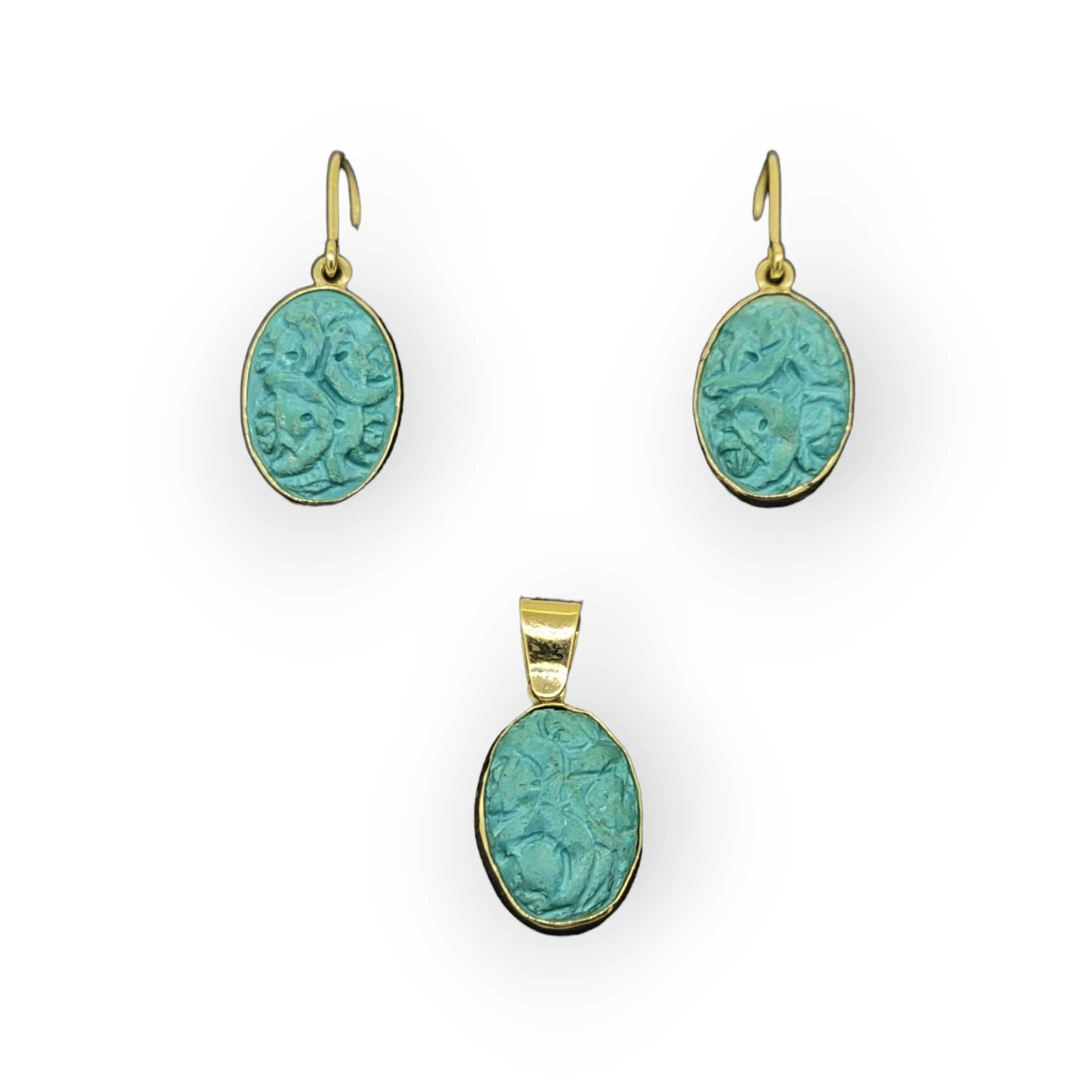 15 Carat Gold Carved Soap Stone Earrings & Pendant Set